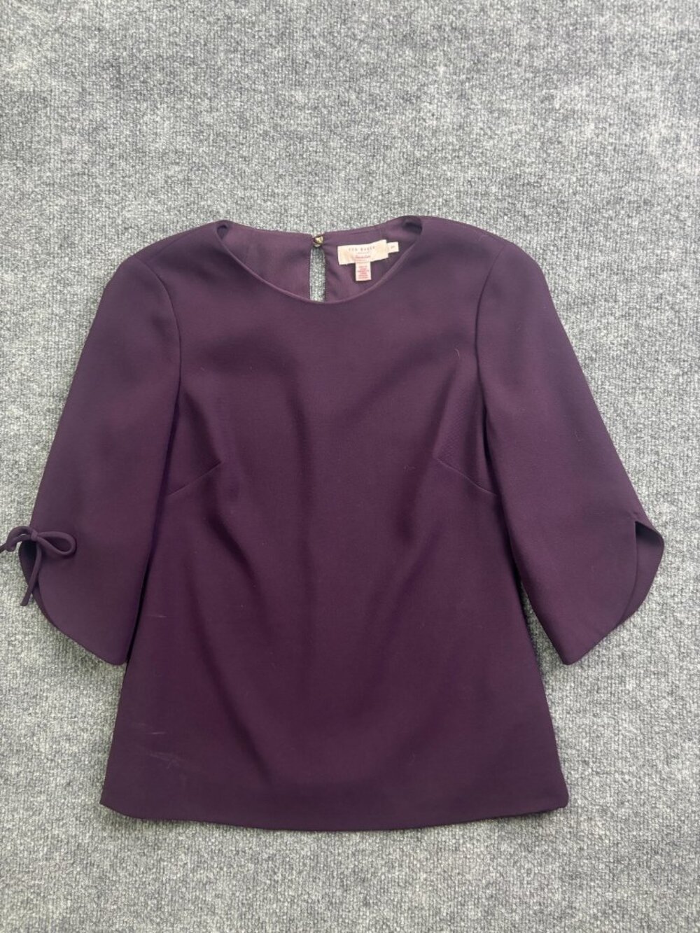 Ted Baker Blouse Womens 1 Purple 3/4‎ Sleeve Bow Cuff Round Neck Top Work